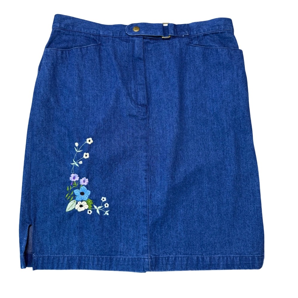 Talbots Petite Denim Skirt Floral Embroidered A-line Size 14‎